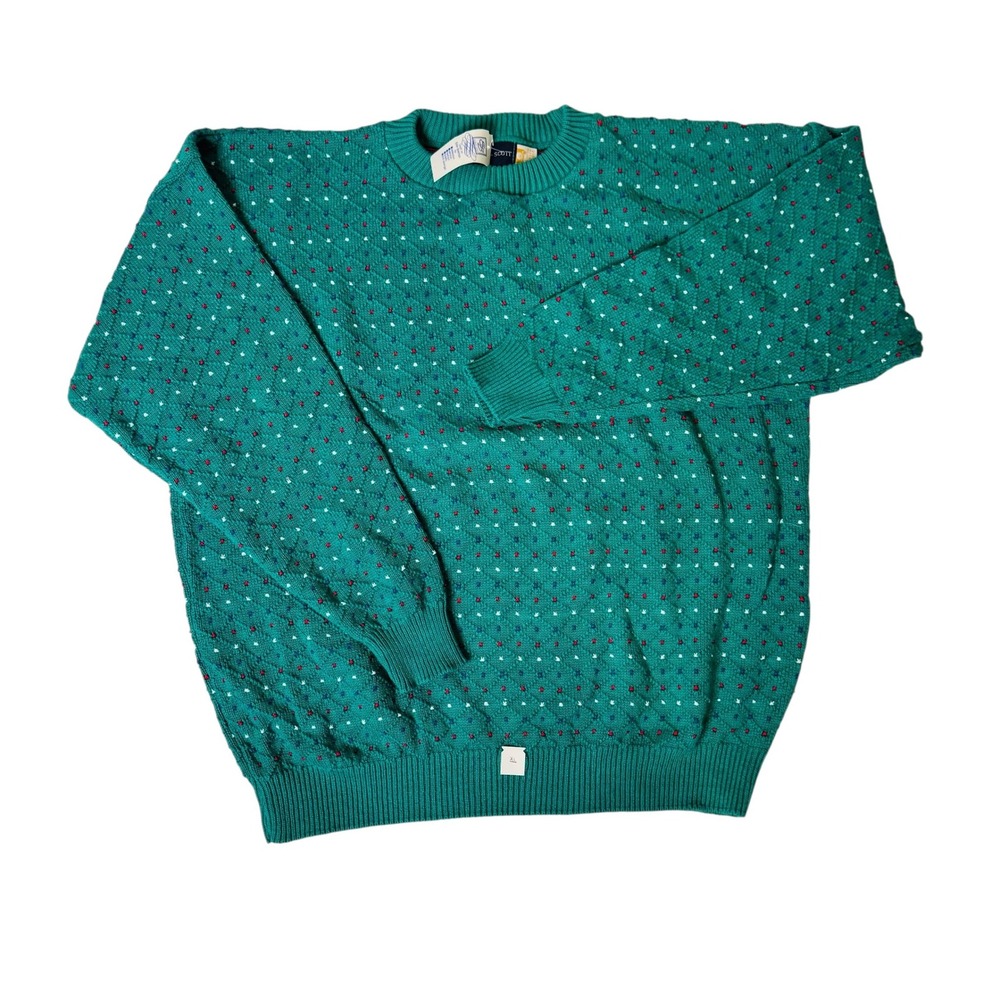 Mens XL Vintage Warren Scott Knit Sweater Crew‎ Neck Patterned Green NEW Holiday